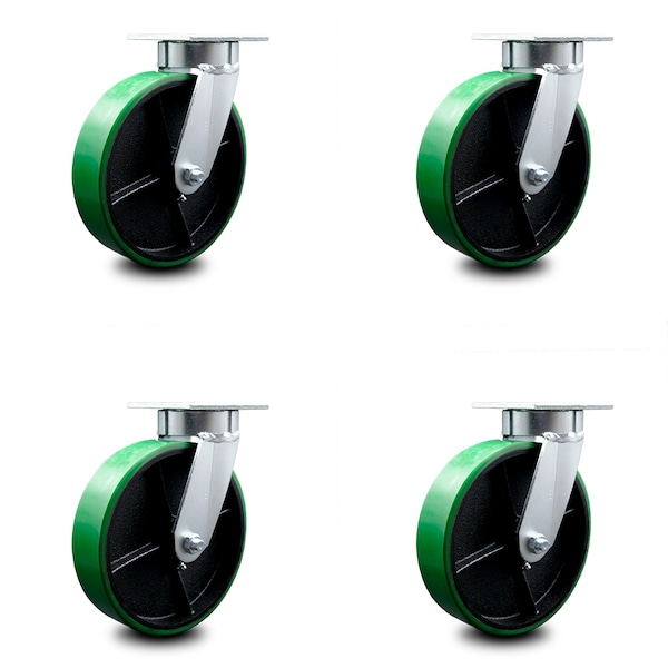 8 Inch Kingpinless Green Poly on Steel Wheel Swivel Top Plate Caster, 4PK